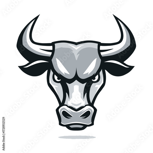 Stylized bull head with menacing eyes in grayscale