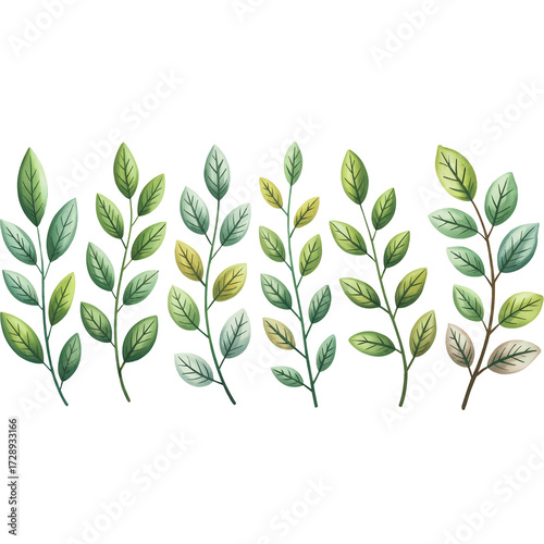 Collection of hand drawn illustrated watercolor style botanical leaves against a subtle green background