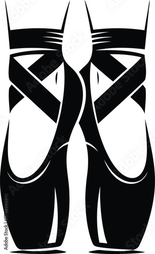 Black and white illustration of a pair of ballet pointe shoes with ribbons tied in a crisscross pattern.