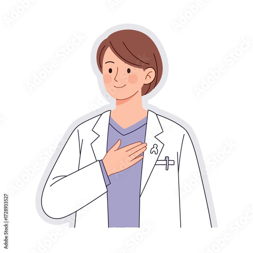A friendly doctor in a white lab coat with a purple shirt underneath, placing their hand over their heart.