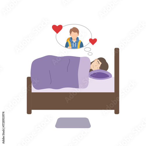 A person sleeping in bed, covered by a purple blanket. A thought bubble above their head, indicating they are dreaming or thinking about someone