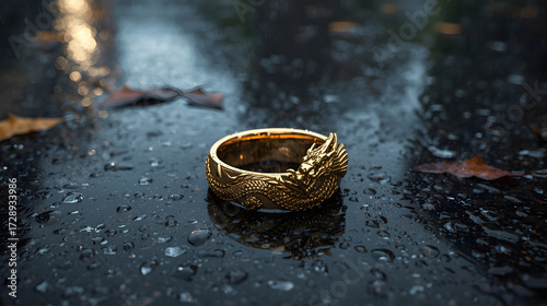 Gold Ring on Wet Surface with Leaves