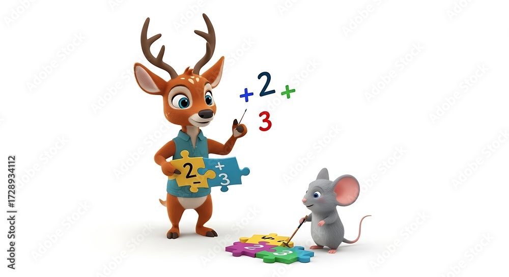 Fototapeta premium Cartoon Deer Teaching Math to Mouse with Puzzle Pieces Illustration