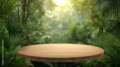 Nature’s Calm: Perfect Mockup for Your Product or Content, Wooden Table in Jungle Glow – Ideal for Product Placement & Reels