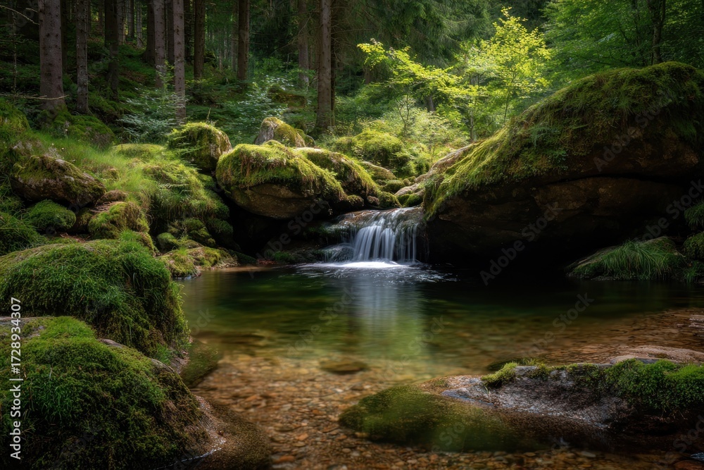 Obraz premium A tranquil forest stream cascades over mossy rocks, creating a serene and peaceful scene.