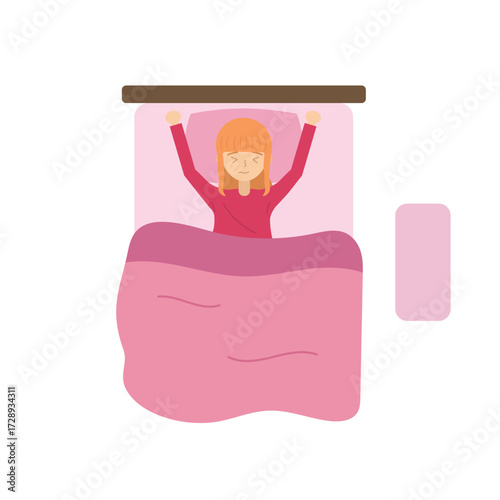 illustration of a woman lying in bed, covered by a blanket. Her arms are raised and her hands are near her head, suggesting she might be stretching or waking up. 