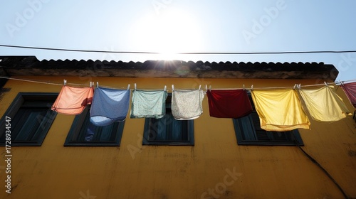 The view of clothes being dried is decorated with sunlight and clouds