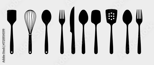Collection of silhouetted kitchen utensils including spatulas tongs spoons and forks arranged in a row