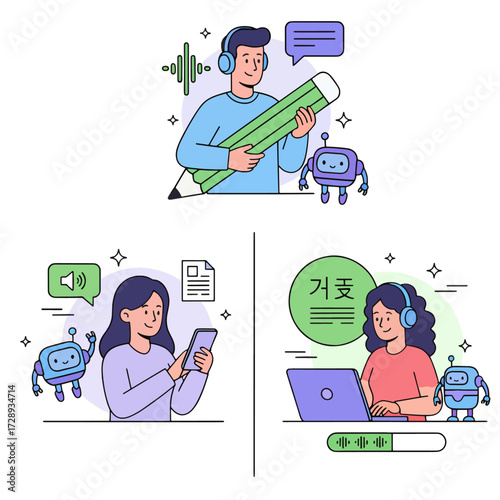 Ai audio set. Characters and artificial intelligence robot generate music from text, convert speech to transcription, translate foreign language words. Vector illustration.