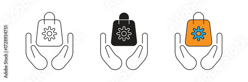 Vector icon set Illustration of Hands Protecting a Shopping Bag with Cogwheel Symbol - E-commerce Solutions and After-Sales Service