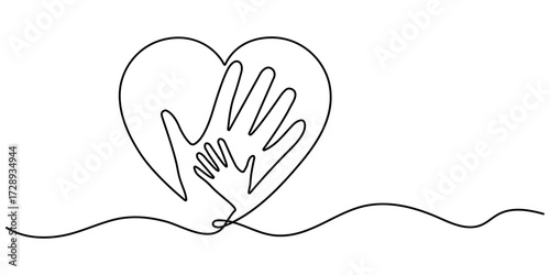 Black hands holding a heart in one line art style. Continuous line drawing. Hands holding heart drawing with editable stroke on white background. Hand hold two heart in line style. Vector illustration