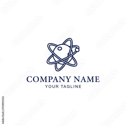Minimalist Dark Blue Atomic Planet Logo with Company Name and Tagline on White Background, Representing Science, Technology, and Innovation, Flat Vector Elements, Vector Illustration, Simple Vector,