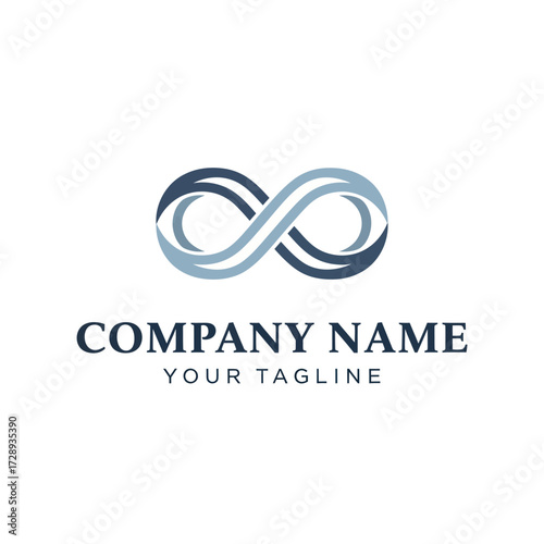 Modern Infinity Symbol Company Logo Design with Brand Name and Tagline in Blue and White on Isolated Background, Flat Vector Elements, Vector Illustration, Simple Vector, Stylized Vector Drawing,