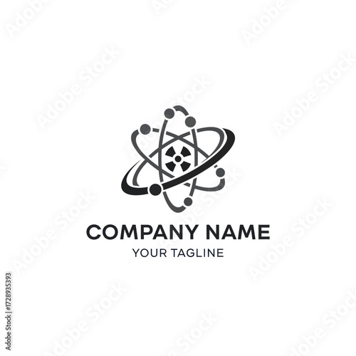 Modern Grayscale Atom and Radiation Symbol Logo with Placeholder Company Name and Tagline on White Background for Science and Technology Branding, Flat Vector Elements, Vector Illustration, Simple