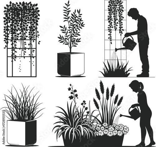 Gardening silhouette collection, people watering plants, potted flowers and trees, garden care illustration, nature growth design, cad drawing flat vector illustration