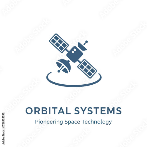 Blue Satellite Icon Logo for Orbital Systems with Pioneering Space Technology Tagline on White Background, Flat Vector Elements, Vector Illustration, Simple Vector, Stylized Vector Drawing, Vector