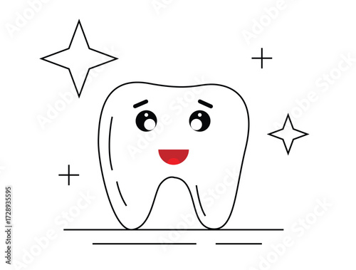 Happy Healthy Shiny Tooth Line Art Isolated on White. Health care and medicine concept vector art, visiting dentist