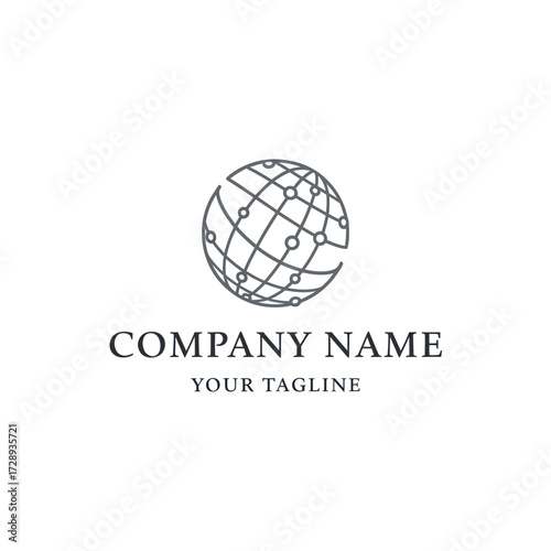 Stylized Globe Network Icon with Company Name and Tagline on Clean White Background, Ideal for Global Business and Technology Branding, Flat Vector Elements, Vector Illustration, Simple Vector,