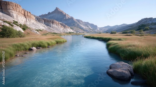 Scenic Mountain River Valley with Rocky Cliffs and Clear Blue Water in Sunny Weather, Cinematic Landscape, HDR Landscape Photography