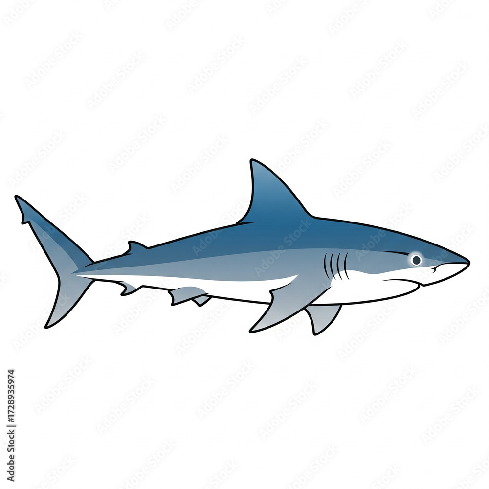 Obraz premium Cartoon illustration of a blue-grey shark with a white belly swimming horizontally.