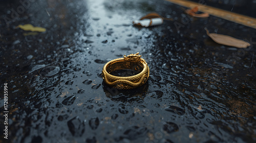 Ornate Gold Ring Reflected on Rainy Ground