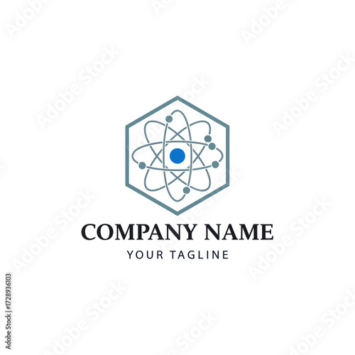 Modern Hexagonal Atomic Structure Logo with Blue Nucleus and Grey Orbits, Featuring Placeholder Company Name and Tagline on a Clean White Background, Flat Vector Elements, Vector Illustration, Simple