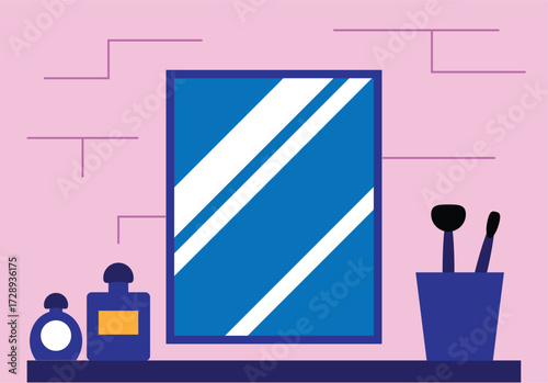 Make Up Table with Flasks Brushes and Mirror Flat Style. Beauty and body care, appearance concept vector art