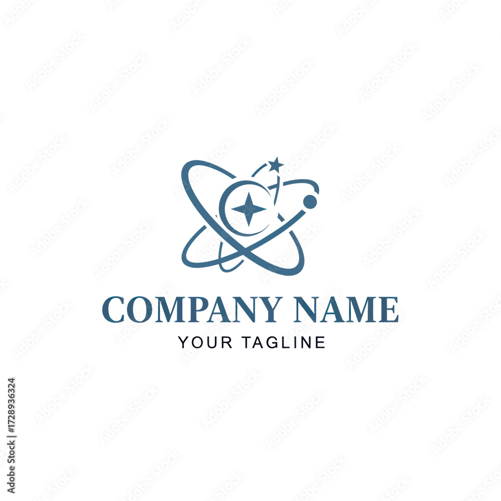 Fototapeta premium Abstract Blue Orbital Star Logo with Company Name and Tagline on White Background, Modern Business Identity Design, Flat Vector Elements, Vector Illustration, Simple Vector, Stylized Vector Drawing,