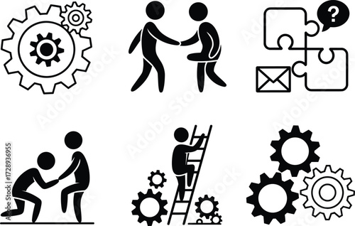 Business teamwork icons, collaboration concept, gear mechanism, people helping each other, puzzle communication, ladder success, cad drawing flat vector illustration