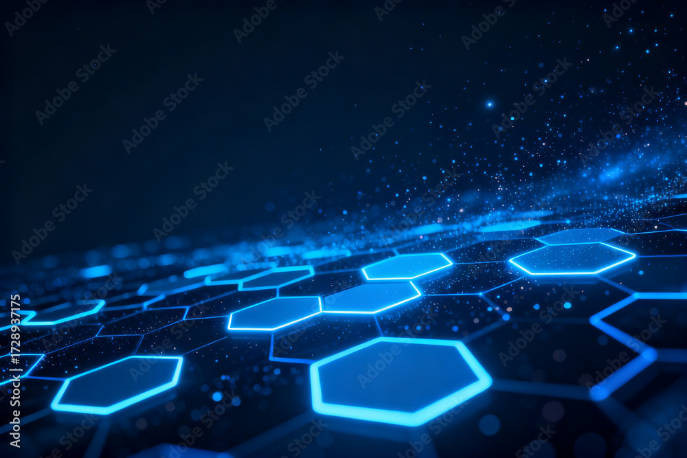 Obraz premium Abstract digital hexagonal network with glowing blue patterns and particles in a futuristic technological environment
