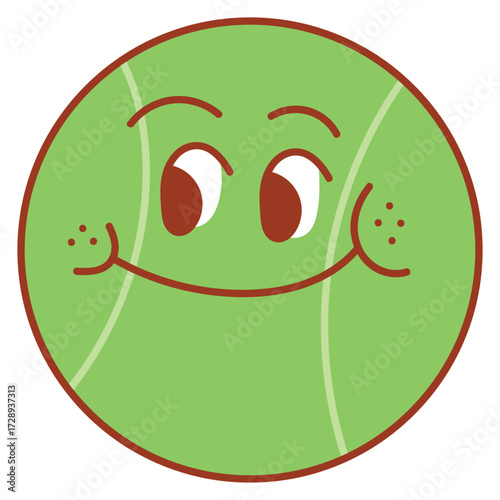 A bright green cartoon tennis ball with a happy, cheeky expression, featuring puffed-up cheeks and smiling eyes.