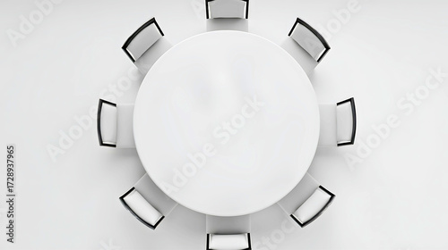 Top view of a modern oval conference table with chairs arranged around it in an empty meeting room