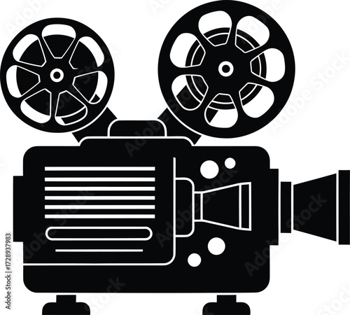 A black and white illustration of a vintage film projector with two reels on top and a lens on the side.