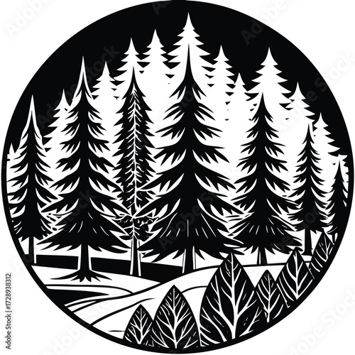 Black and white line art illustration of a forest edge with trees and natural elements
