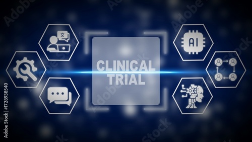 Clinical trial concept with AI and technology icons on a dark blue background medical research healthcare