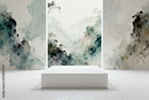 Minimalist white pedestal in a room with abstract watercolor wall art featuring misty mountain landscapes