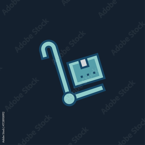 A flat-style vector icon showing a delivery hand truck carrying a cardboard box, symbolizing shipping, logistics, or warehouse handling.