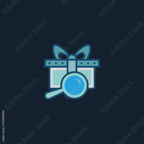 A flat design icon of a gift box wrapped with a bow, with a magnifying glass placed in front. Represents searching for gifts, gift discovery, online gift shopping, or product search.
