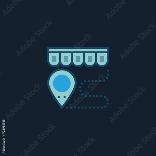 Flat blue vector icon showing a store awning with a location pin, symbolizing shop location, navigation, or delivery service.
