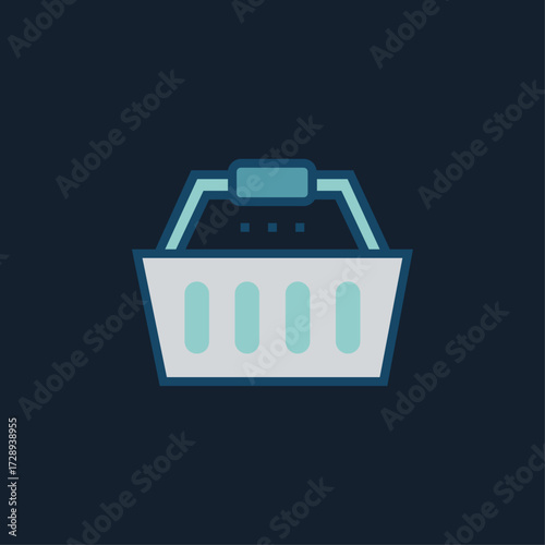 Flat vector icon of a shopping basket in blue, representing retail, online shopping, and consumer purchases.