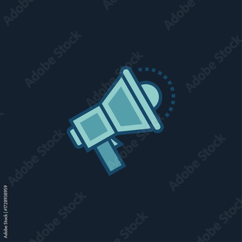 Vector flat design of a megaphone in blue tones, symbolizing announcements, marketing, advertising, or spreading messages.