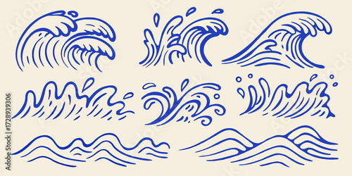 Collection of stylized blue ink hand drawn wave illustrations on a cream background
