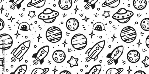 Whimsical hand drawn space doodle pattern with rockets planets stars and ufos