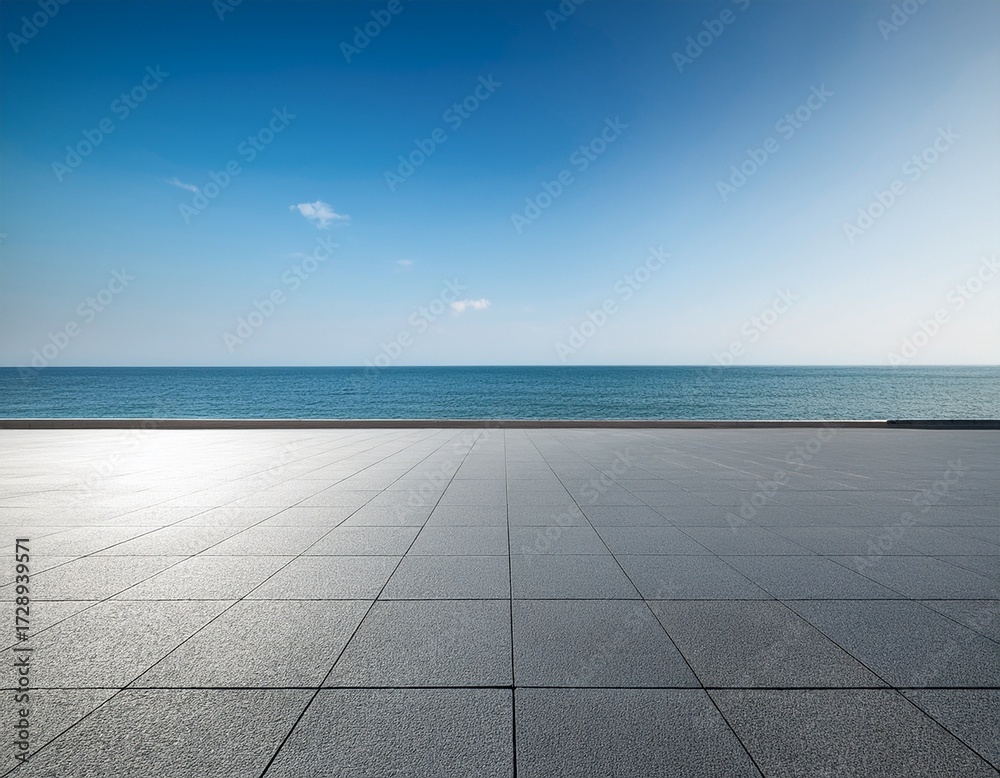 Fototapeta premium empty sea view plaza with clear sky background asphalt floor gray wall rendering sea view plaza clear sky background