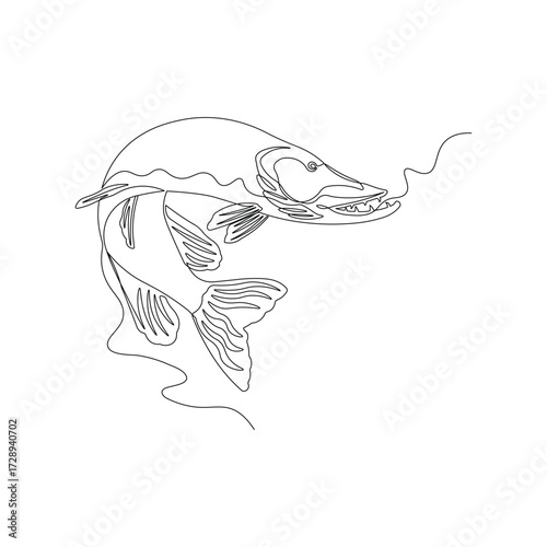 Continuous Line Art of a Jumping Pike Fish - Minimalist Freshwater Predator Illustration in One Line Drawing Style