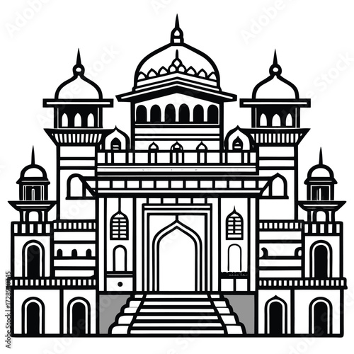 Intricate black and white detailed palace architecture illustration with classical elements and geometric precision