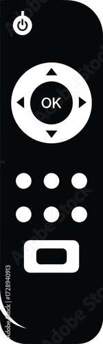 A simple black and white icon of a television remote control with essential buttons.