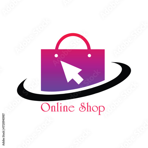 Pink purple gradient shopping bag with white cursor icon and black swoosh online commerce