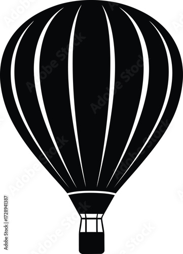 A simple black and white illustration of a hot air balloon with vertical stripes and a basket.