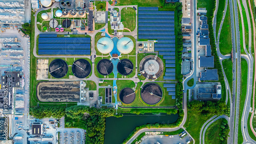 Sewage treatment plants. Aerial photo of wastewater treatment plant in port Rotterdam, Netherlands.